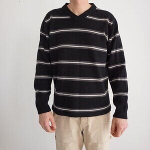 Vintage '90S Muskoka Lakes Black White Stripe Knit V-Neck Sweater XXL